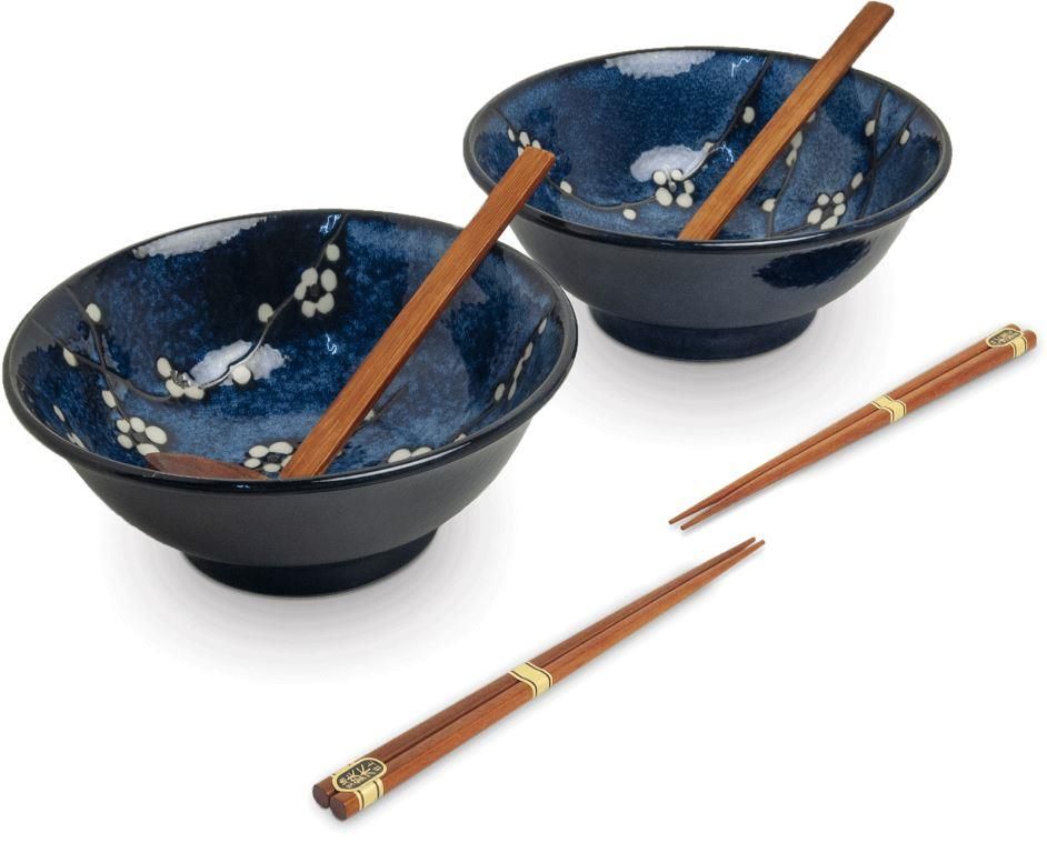 Souprava Japonských mís na Ramen s hůlkami a naběračkou - styl Hana Blue - 22 cm EDO Japan