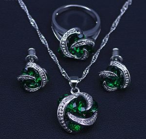 Výběrový Set -náhrdelník + náušnice + prsten - Uzel nekonečna - smaragdově zelený v dárkové krabičce
