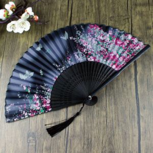 Hedvábný Čínský vějíř:  Květy s motýly - Duhově Černý