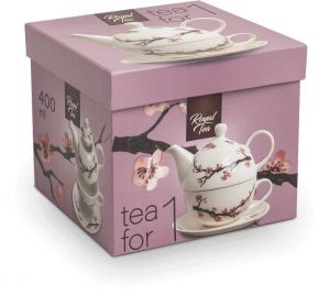 Čajník s šálkem a podšálkem porcelánový Royal Tea - Sakura - bílý 400 ml