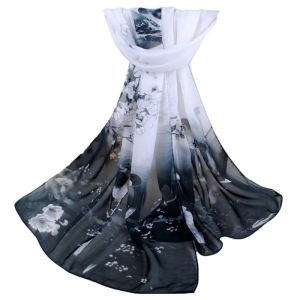 Šátek v Čínském stylu- vzor Jarní květy s ptactvem - černo bílý 160x50 cm Fashionstyle