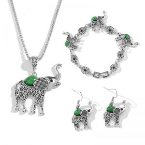 Indický Set -náhrdelník + náušnice + náramek - Sloni - stříbrno zelený