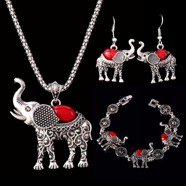 Indický Set -náhrdelník + náušnice + náramek - Sloni - stříbrno červený RONGBIN
