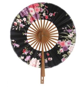 Japonský vějíř bambusový celootočný - Černý s květy Pivoňky a Chryzantém