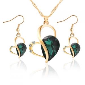 Set -náhrdelník + náušnice - Smaragdově zelené srdce