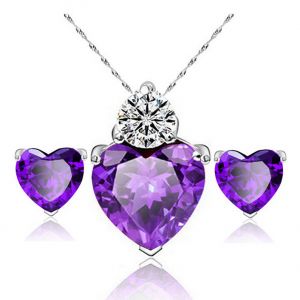 Set -náhrdelník + náušnice ve tvaru srdce - Fialový