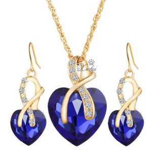 Set -Zdobený náhrdelník + náušnice ve tvaru srdce - Modrý Long Tiantian