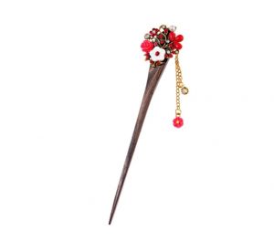 Dřevěná ručně vyřezávaná jehlice do vlasů květinová s kováním a přívěskem - Rudě červená Jewelry