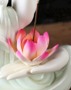 Kadidelnice se zpětným kouřem - Buddhova dlaň s růžovým Lotosem - Bílá AOTU