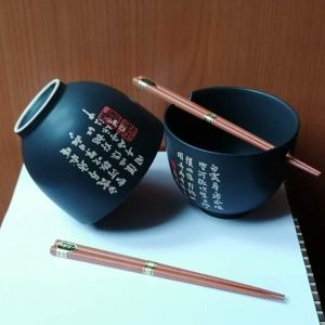 Čínská Soba miska se znaky s hůlkami - porcelán - Matná černá 13,5 cm Made in China