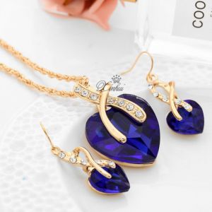 Set -Zdobený náhrdelník + náušnice ve tvaru srdce - Modrý Long Tiantian