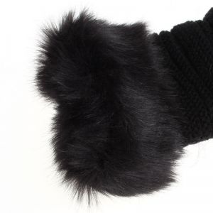 Bezprsté pletené rukavice s kožíškem a okrasným knoflíkem - Černé Fashionstyle